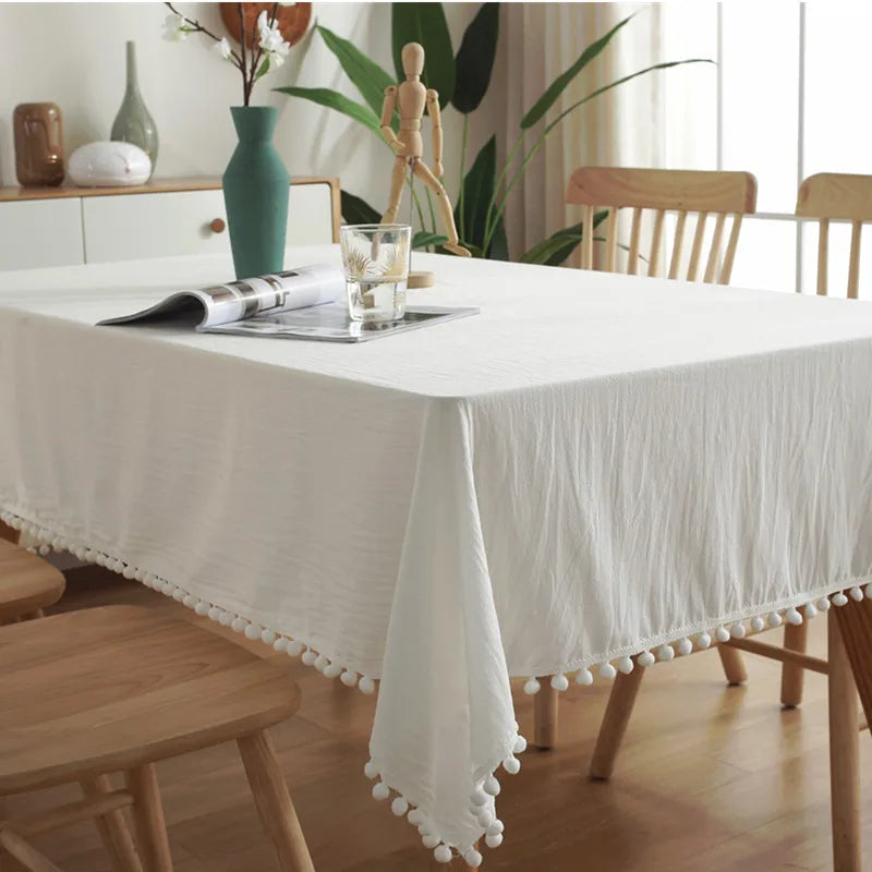 Hemasa  White Colour Cotton Tablecloth with Tassels   /with Pom Poms