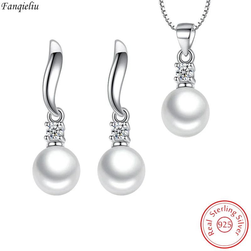 Solid 925 Sterling Silver Pearl Pendant Necklace Crystal Stud Earrings Jewelry Sets For Women New Trendy FQL23080