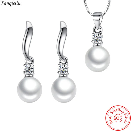 Solid 925 Sterling Silver Pearl Pendant Necklace Crystal Stud Earrings Jewelry Sets For Women New Trendy FQL23080