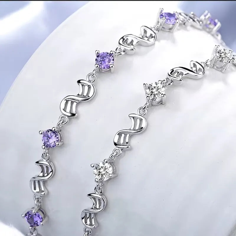 Hemasa  925 Sterling Silver Bracelet with  White Purple Retro Wedding Shaped Cubic Zirconia
