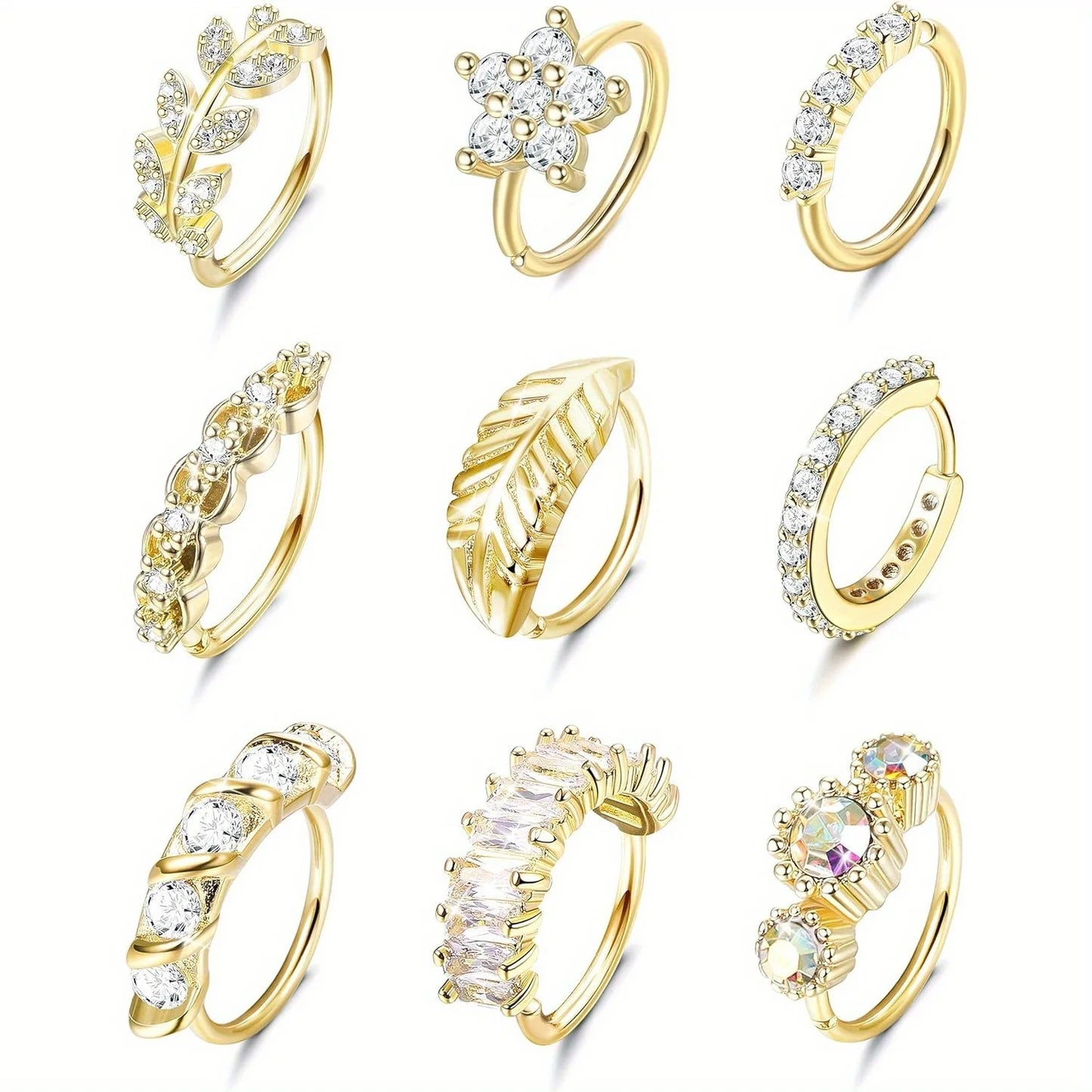 FINREZIO 1Pc Stainless Steel Nose Ring Hoop Stud Paved CZ Leaf Feather Flower Crawler Nose Ear Cartilage for Women Piercing Hoop