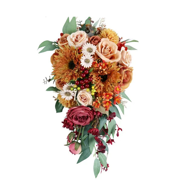 Tejesa Autumn Wedding Bouquet Vintage Terracotta Orange Sunflower Rose Bridal Cascading Bouquets for Fall Wedding Ceremony