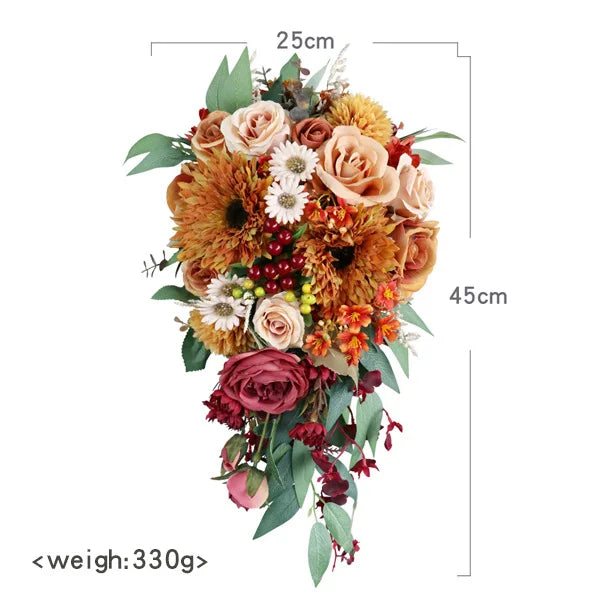 Tejesa Autumn Wedding Bouquet Vintage Terracotta Orange Sunflower Rose Bridal Cascading Bouquets for Fall Wedding Ceremony