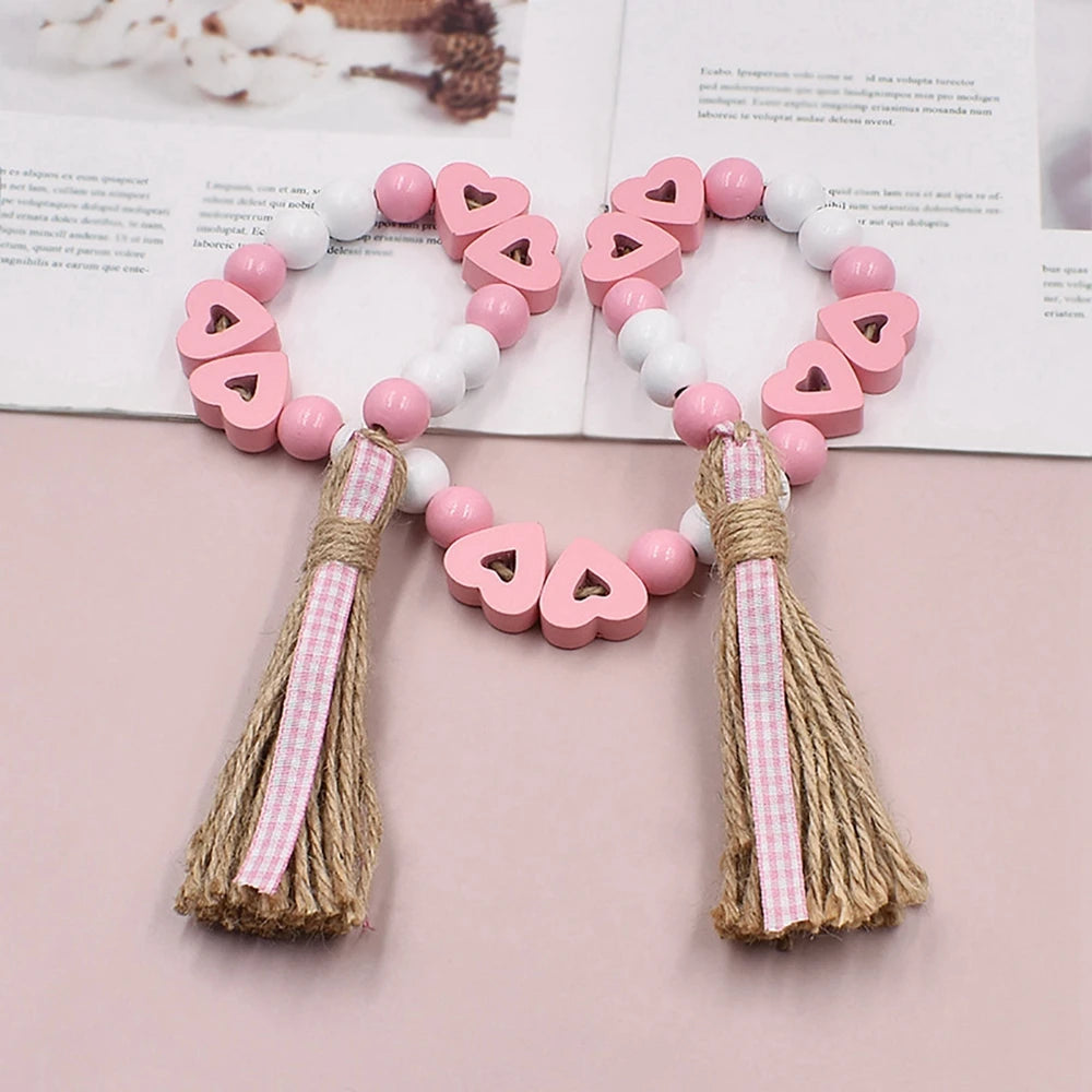 Freeship Sweet Love Wood Beads Garland Valentine’s Day Tiered Tray Decors Beaded Garland with Tassels Heart Shaped Pendant