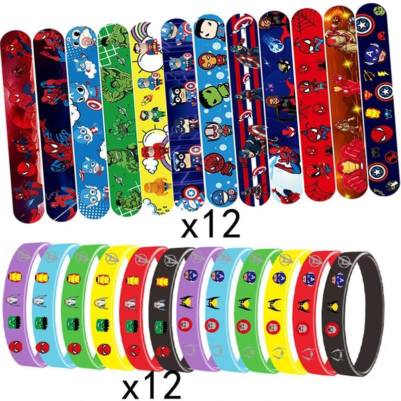 Tejesa 12/24Pcs The Avengers Braclet Party Favors Silicone Bracelet Slap Bracelets Set for Boy Birthday Wristband Bracelet Supplies