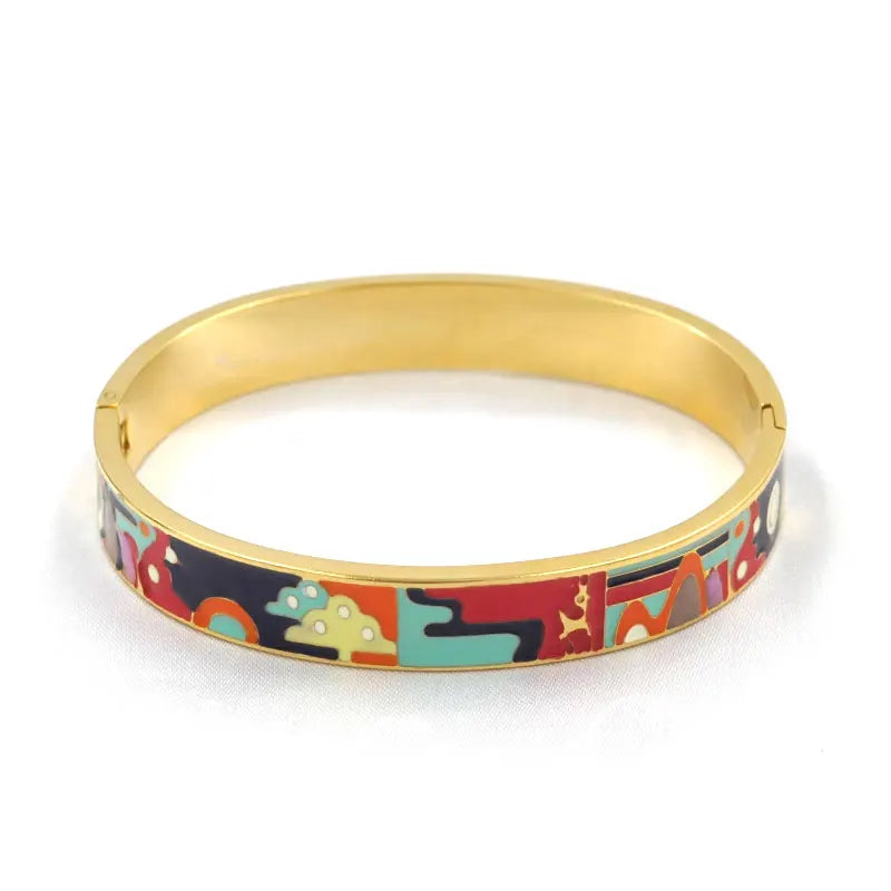 Hemasa  Stainless Steel Open Bangle For Women /Gold Geometric Colorful Enamel Painted Bracelet