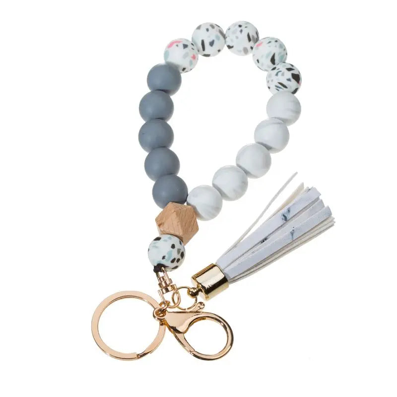 Silicone Keychain For Keys Tassel Wood Beads Bracelet Keyring For Women Multicolor Beads Keychain Fashion Keychain Wholesale