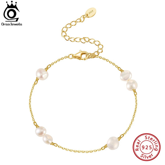 ORSA JEWELS 925 Sterling Silver Pearl Bracelet for Women Girls Vintage Pearls Link Chain Bracelet Fashion Jewelry GPB27