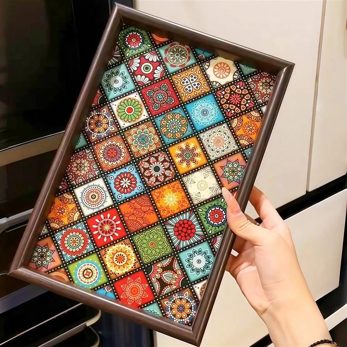 Tejesa Bohemian Style Wooden Leather Storage Tray for Living Room Desktop Jewelry Decorative Tray