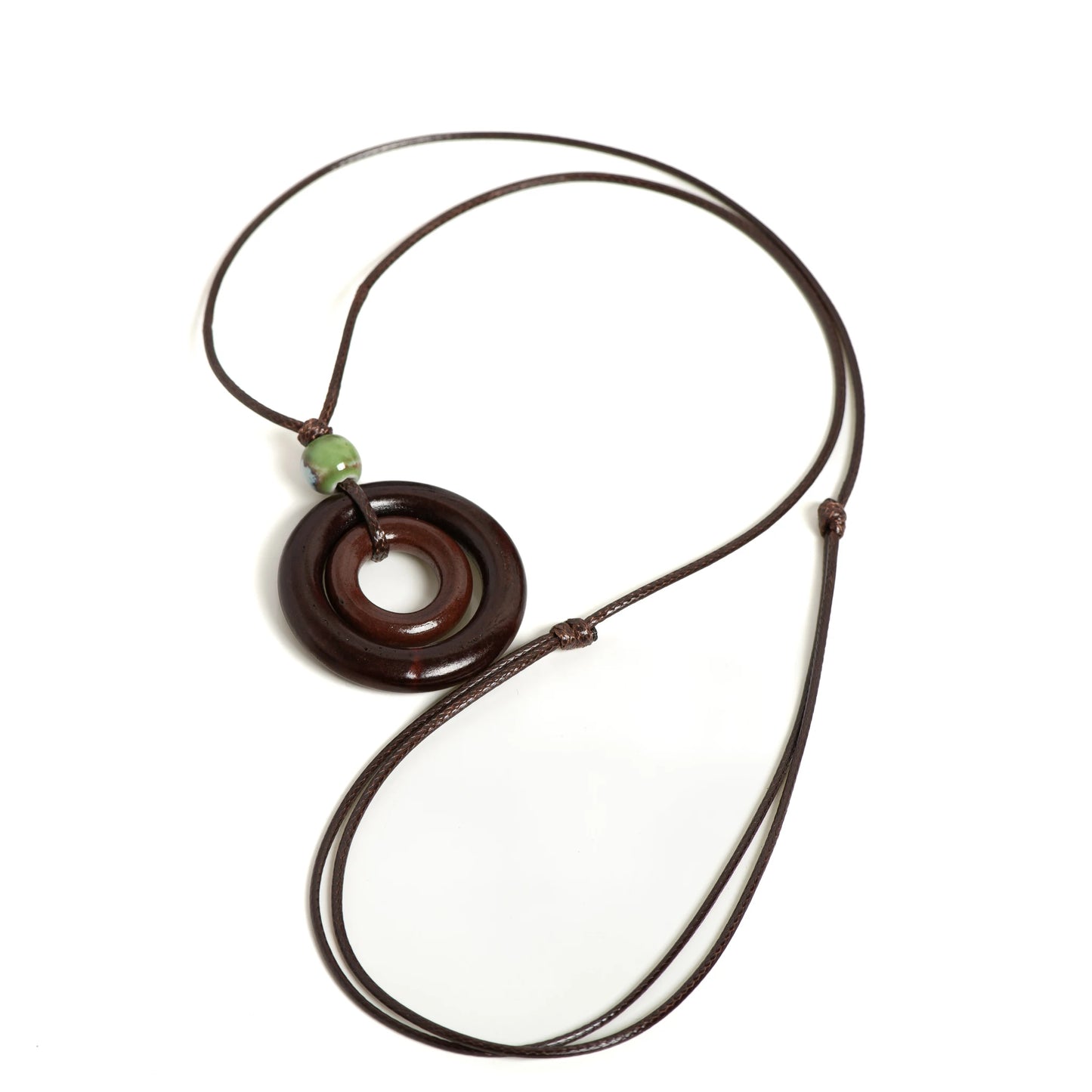 Hemasa Handmade Wooden Circle Ceramic Pendant Necklace Adjustable Cord Unique Bohemian Jewelry for Men and Women 1 Piece S001160