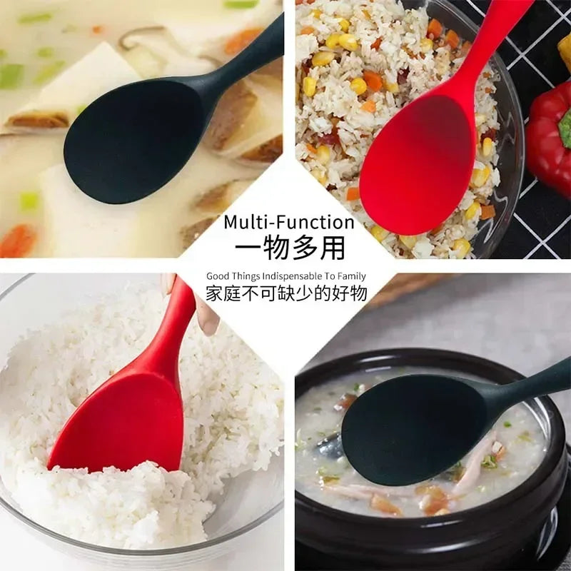 Hemasa 5Pcs (Red and Black )Hanging Silicone Rice Spoon Kitchen Ladle Non-stick Saucepan Electric Rice Cooker Cooking Scoop with Holes