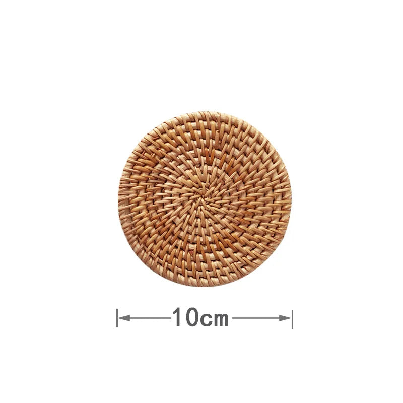 Hemasa Set of 4  Round Natural Rattan Coasters Hand Vine Woven Hot Insulation Placemats(13 cm)