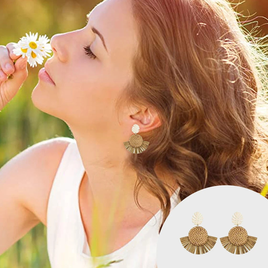 Hemasa 6 Pack Rattan Earrings Lightweight Handmade Bohemia Style Fashion Straw  Ear Studs