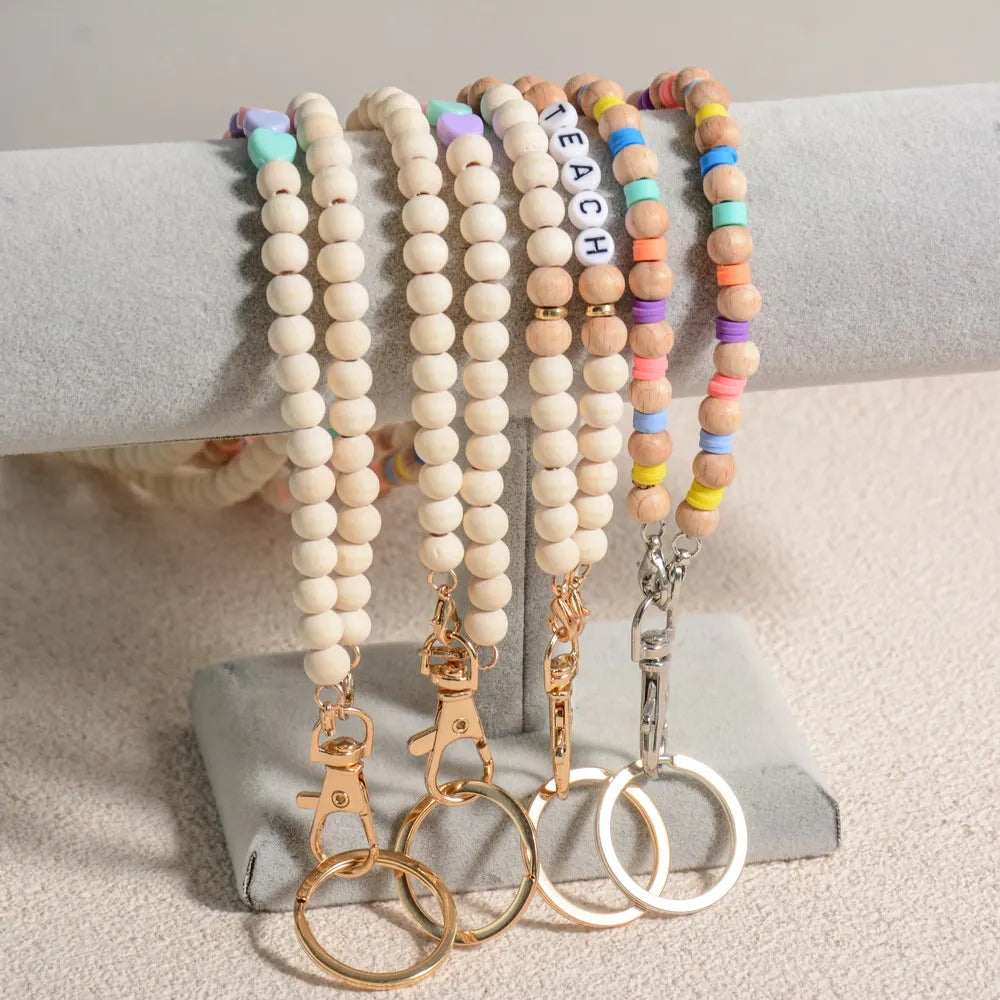 Boho Teacher Lanyard Rainbow Wooden Acrylic Heart Letter Beaded Breakaway lanyard Back to School gift ID holder Badge Necklace