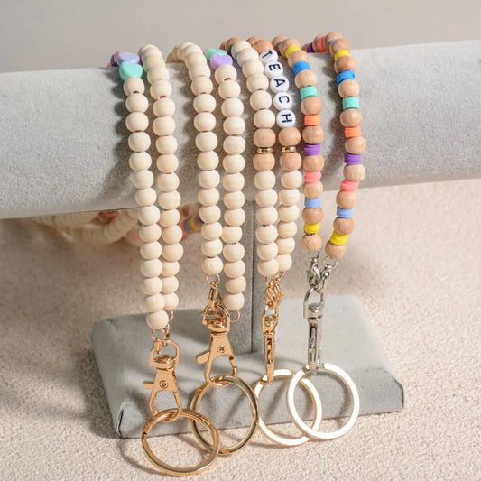 Boho Teacher Lanyard Rainbow Wooden Acrylic Heart Letter Beaded Breakaway lanyard Back to School gift ID holder Badge Necklace