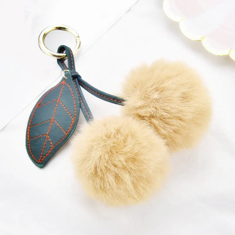 New Fashion Plush Cherry Keychains for Women Girls Fluffy Cartoon Rabbit Fur Ball Pompom Leaf Key Chains Rings Keyring Bag Gifts
