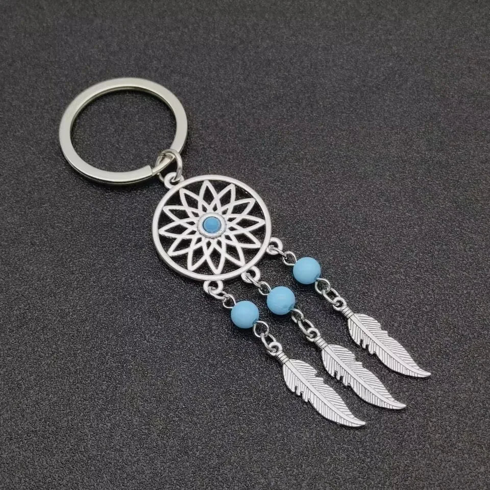 Dream Chaser Keychain Tassel Feather Pendant Keyring Beads Royal Blue Black Beads Charm Retro Car Key Chain Dream Chaser Gift