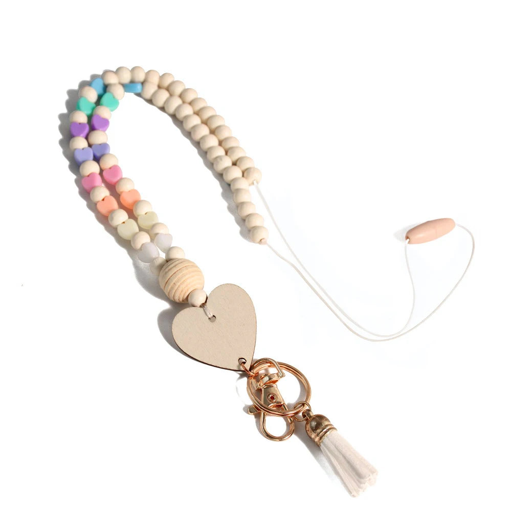 Hemasa  Wooden Beads Acrylic Hearts Teacher Badge ID Holde/r Lanyard