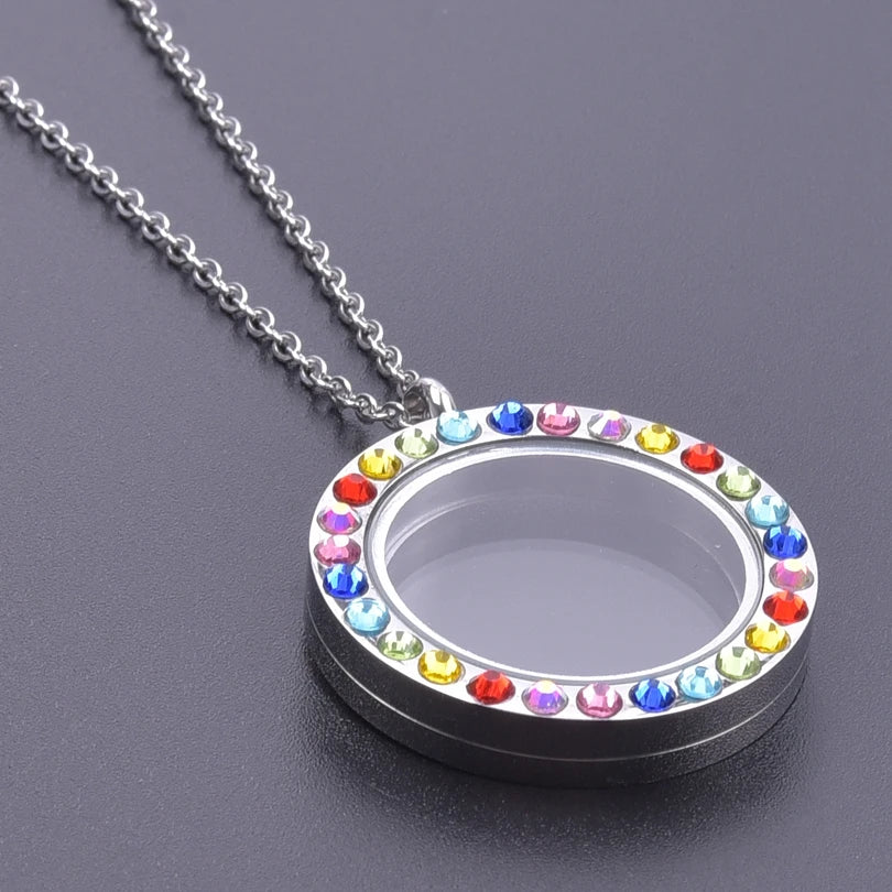 Stainless Steel Necklace for Women Glass Floating Locket Bohemia Colorful Medallion Relicario Photo Collar Long Chain Jewelry