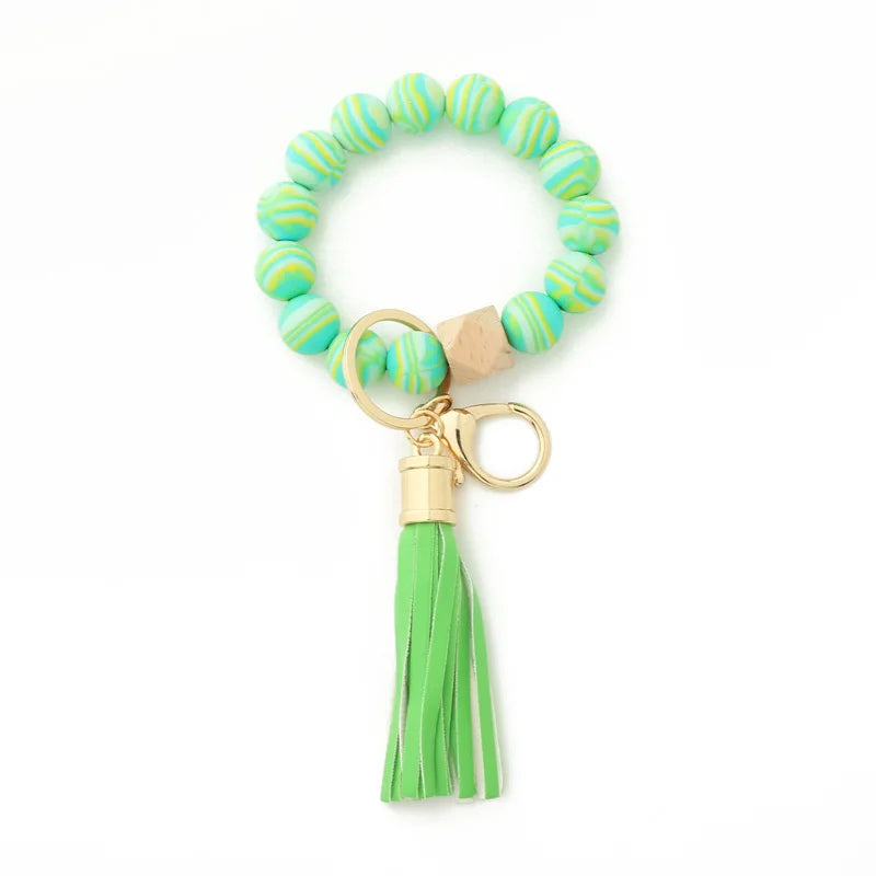 Silicone Keychain For Keys Tassel Wood Beads Bracelet Keyring For Women Multicolor Beads Keychain Fashion Keychain Wholesale