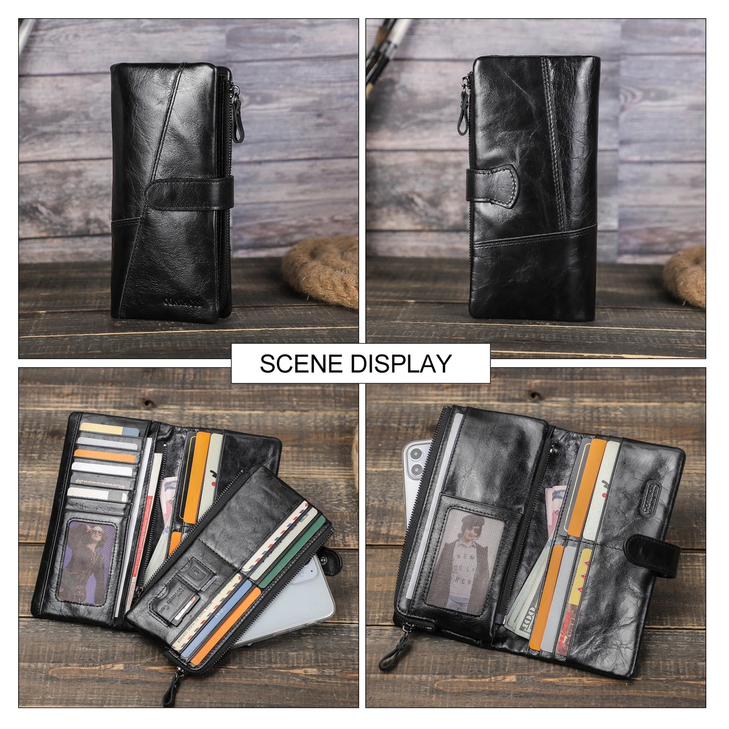 CONTACT'S Genuine Leather Men's Long Wallet With Phone Bag Zipper Coin Pocket Purse Male Clutch Wallets For Men Portfel Small