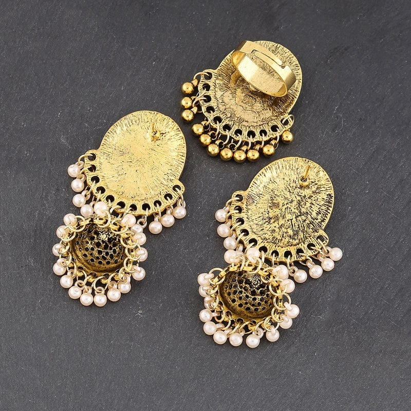 Hemasa Ethnic Pendant Earrings/Ring Set For Women Turkish Egypt Tribe Pearl Tassel Flower Carved Indian Earrings Jewelry