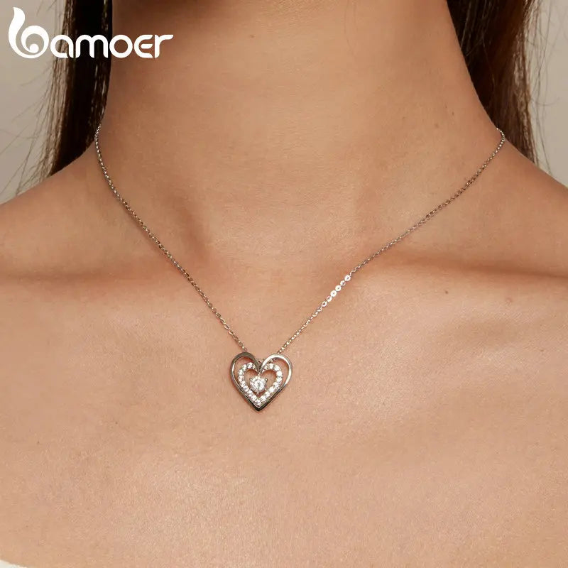 Bamoer 925 Sterling Silver Sparkling Double Heart Pendant Necklace Dancing Heart Neck Chain for Women Valentine's Day Gift