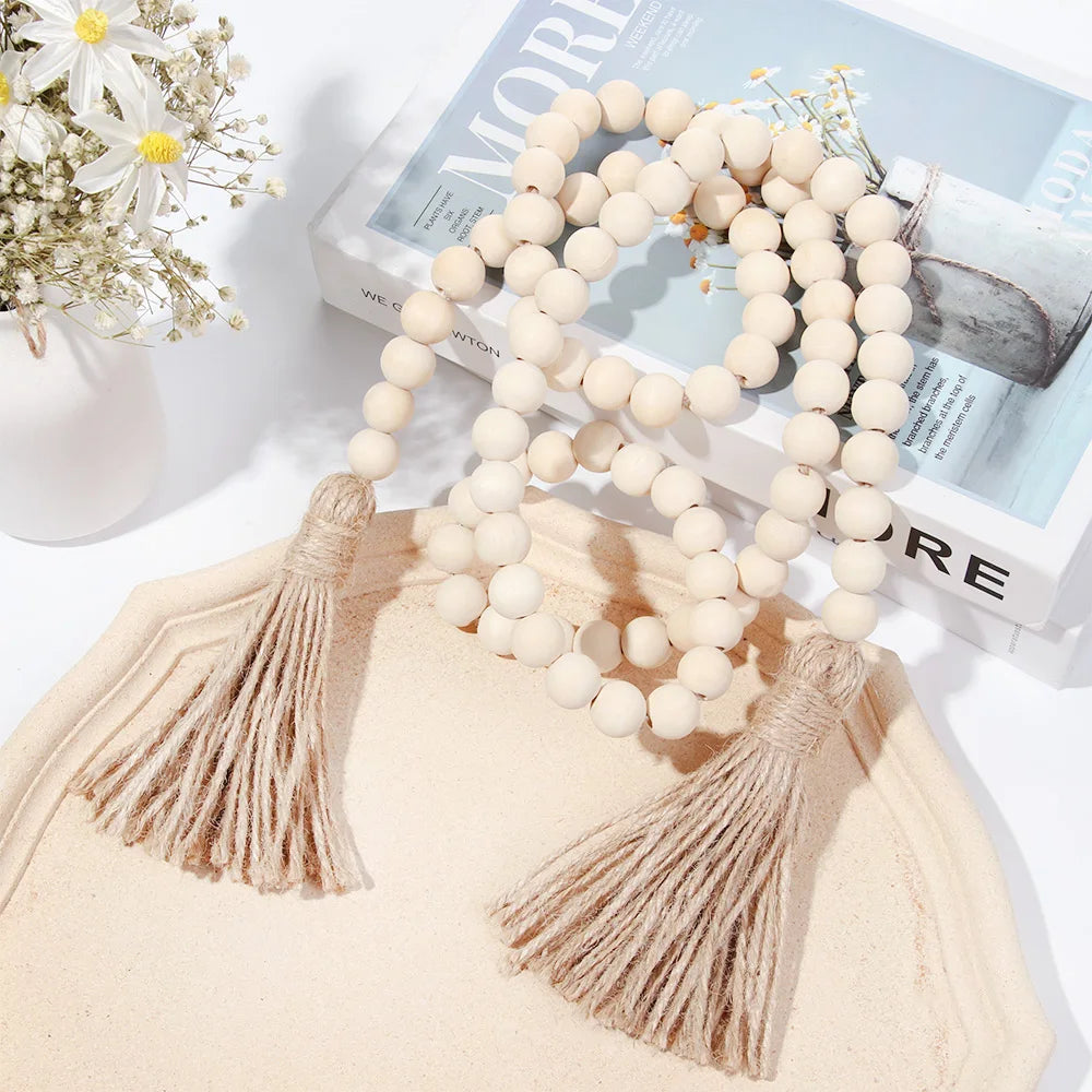 Wood Bead Garland with Jute Rustic Boho Tassels String DIY Wall Hanging Handmade Garland Farmhouse Home Decor Ornament Gift
