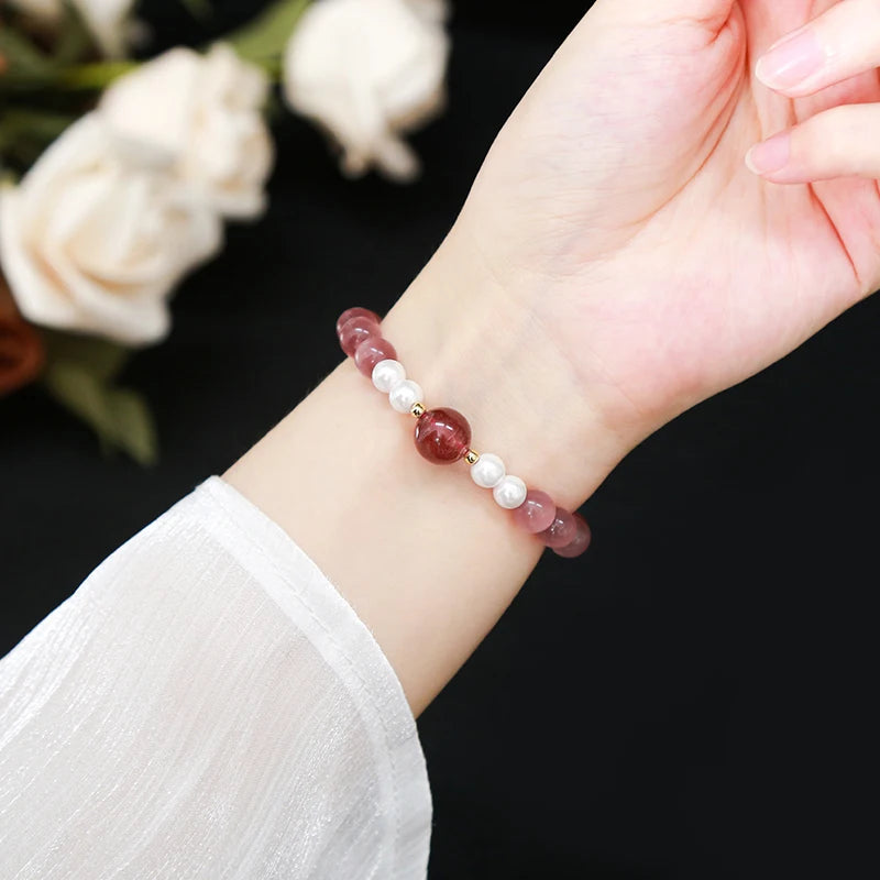 Change Better Natural Fuchsia Cat Eye Stone Strawberry Quartz Lucky Bead Bracelet Women Trendy Simple Strand Bangles Party Gifts
