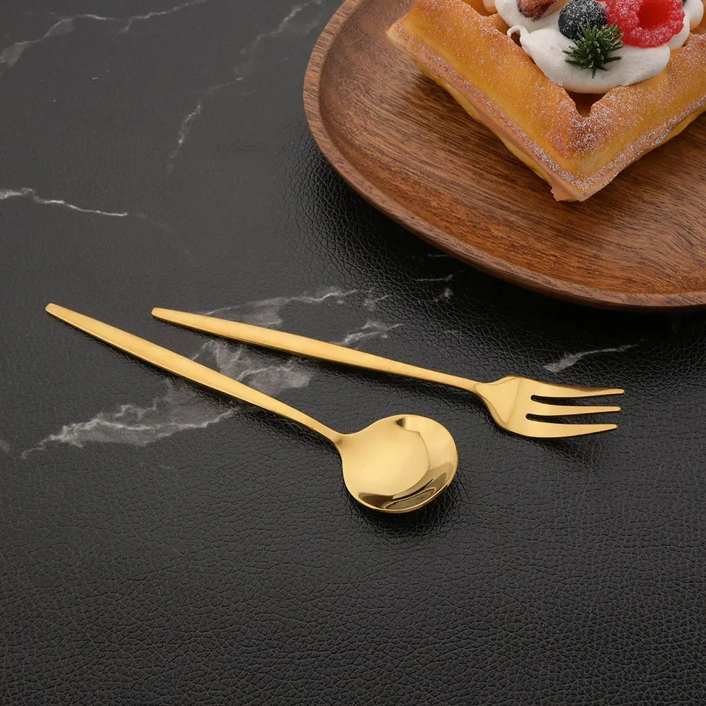 Hemasa 12Pcs Stainless Steel  Gold Fork Spoon Set/ Cake Fork Snack Salad Coffee Fruit Fork Spoon Cutlery Kitchen Dinnerware Set