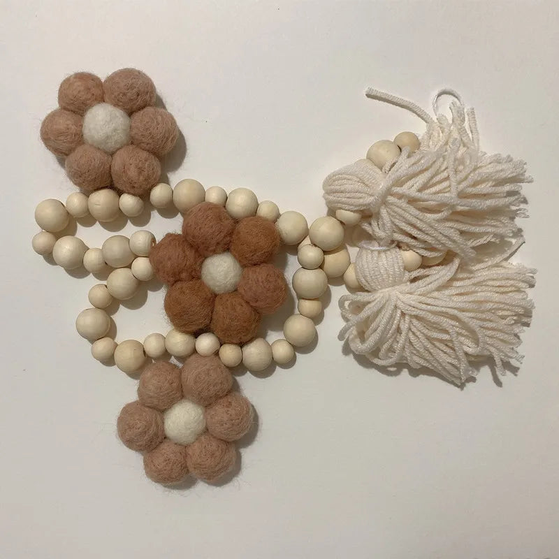 INS Wool Felt Flower Wooden Beads Garland Tassel String Bohemian Baby Kids Room Wall Hanging Ornaments Nursery Decor Photo Props