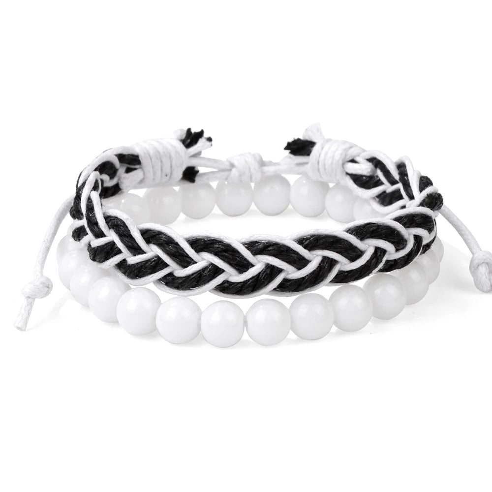 Tejesa 2pcs/set Boho Handmade Braided Rope Bracelet Natural Stone Lava Volcanic Beads Charm Bracelets Set Jewelry for Men Women Gift