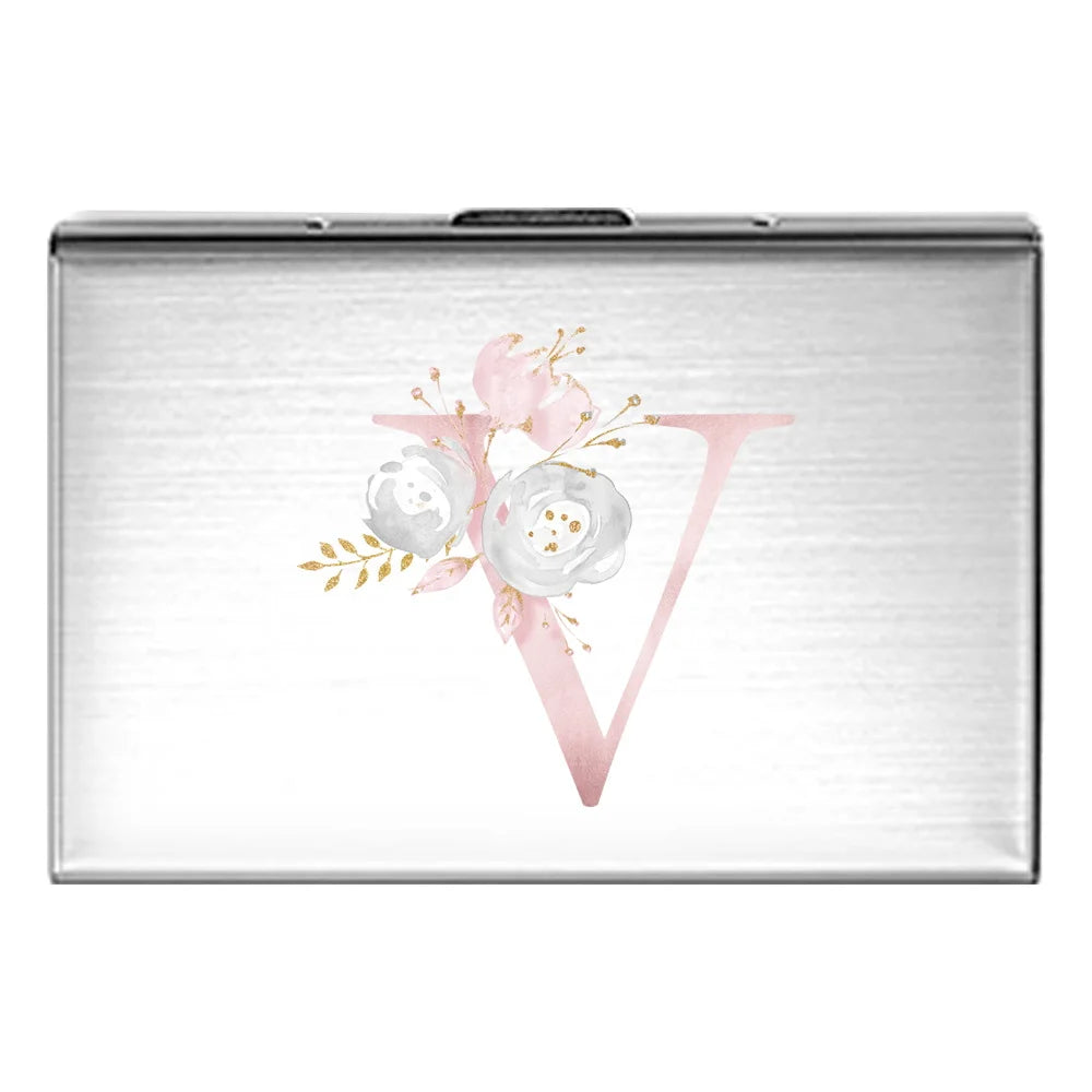 Tejesa Metal Business Card Holder - Slim Pocket Business Card Case for Unisex /Stainless Steel IC Cards /Pink Flower Print Series