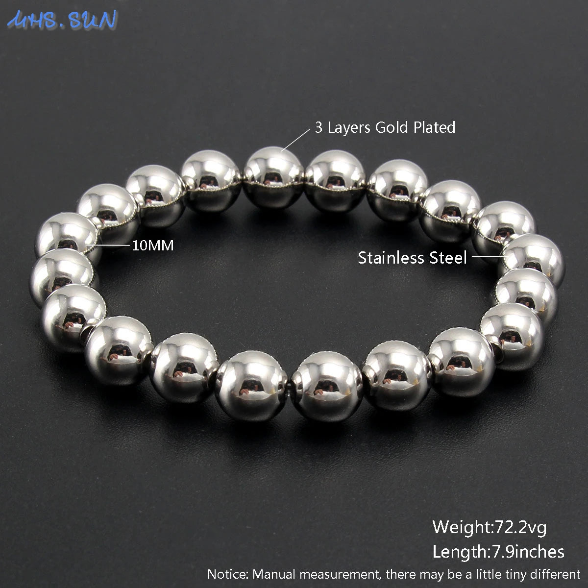 MHS.SUN Fashion Waterproof Smooth Stainless Steel Bracelets 2-10mm Elastic Beaded Gold Plated Stackable Bracelet Women Jewelry
