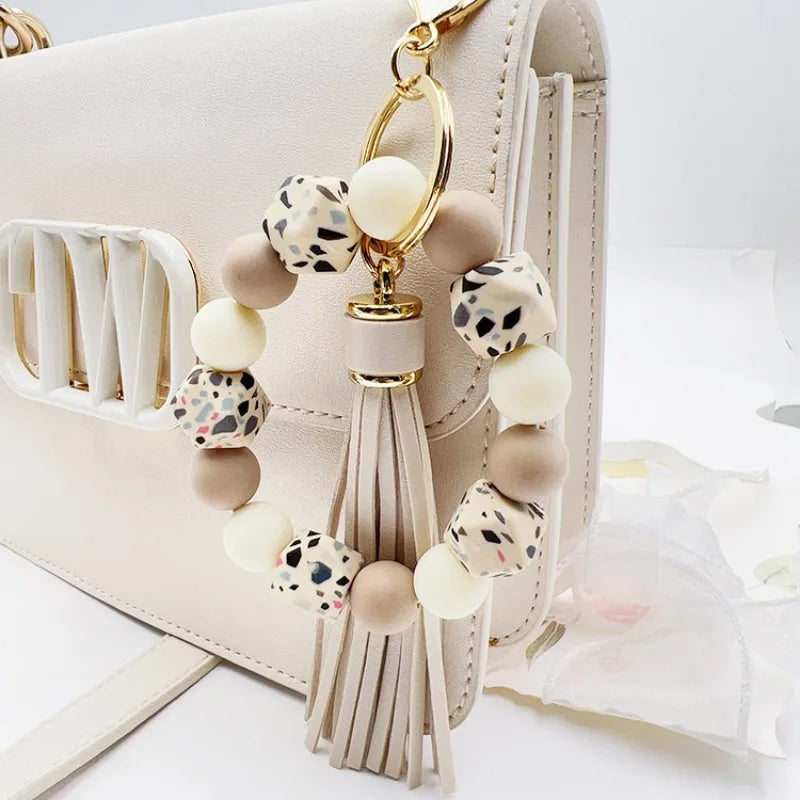 Hemasa Silicone Leopard Print Beads with  Tassel Car Keychain /Key Ring