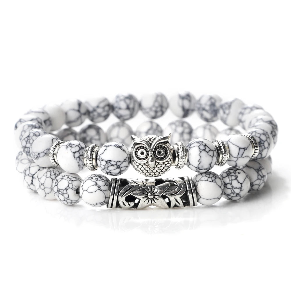 Heamsa Natural Stone Beads Bracelet / Owl Beaded Black Lava Onyx Beads Charm Bracelets