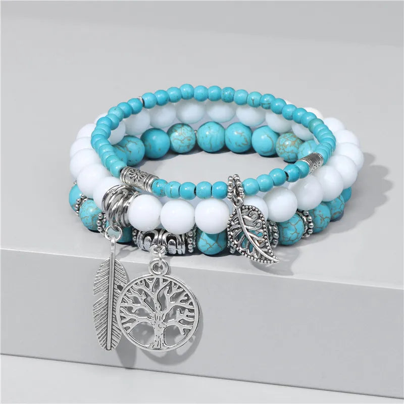 3Pcs Fashion Natural Stone Beads Bracelet 8mm Beads Tree of Life Pendant Bracelet Men Women Beaded Charm Bracelets Jewelry