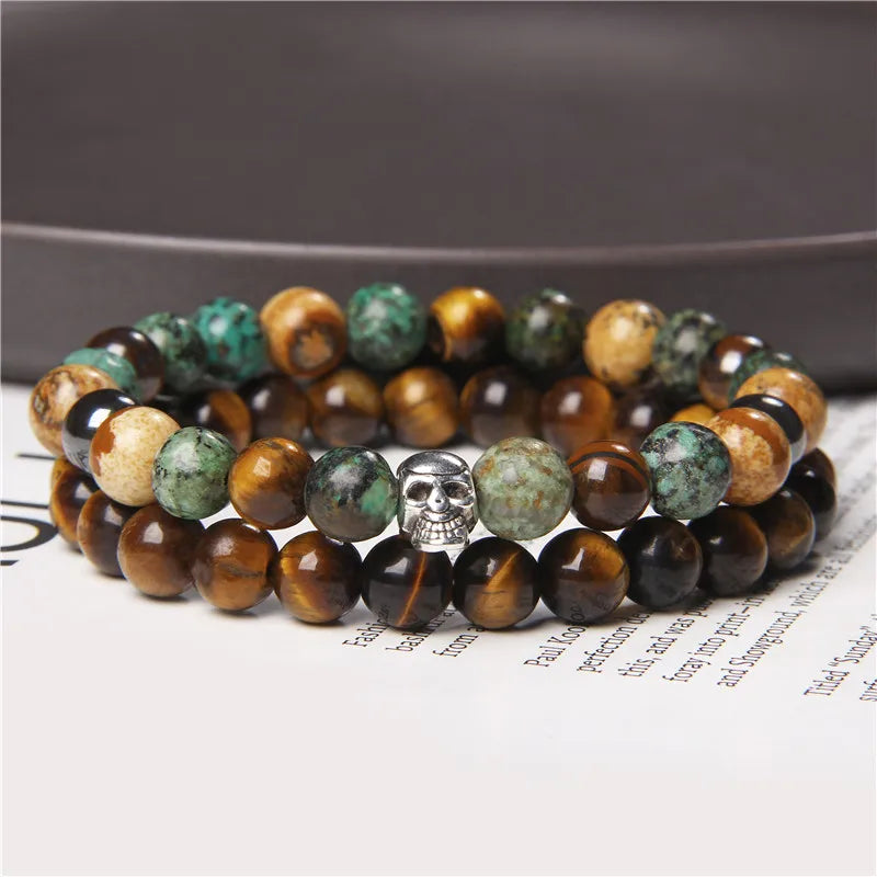 2pcs/set Beaded Bracelet Natural Stone Tiger Eye Hematite Beads Bracelet Men Energy Elastic Rope Bracelet Jewelry Couples Gifts