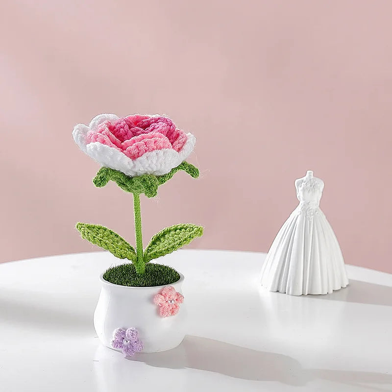 Hemasa Kintted Flower Potted Mini Artificial Flowers/Plant Hand Woven Crochet Tulips Flowers
