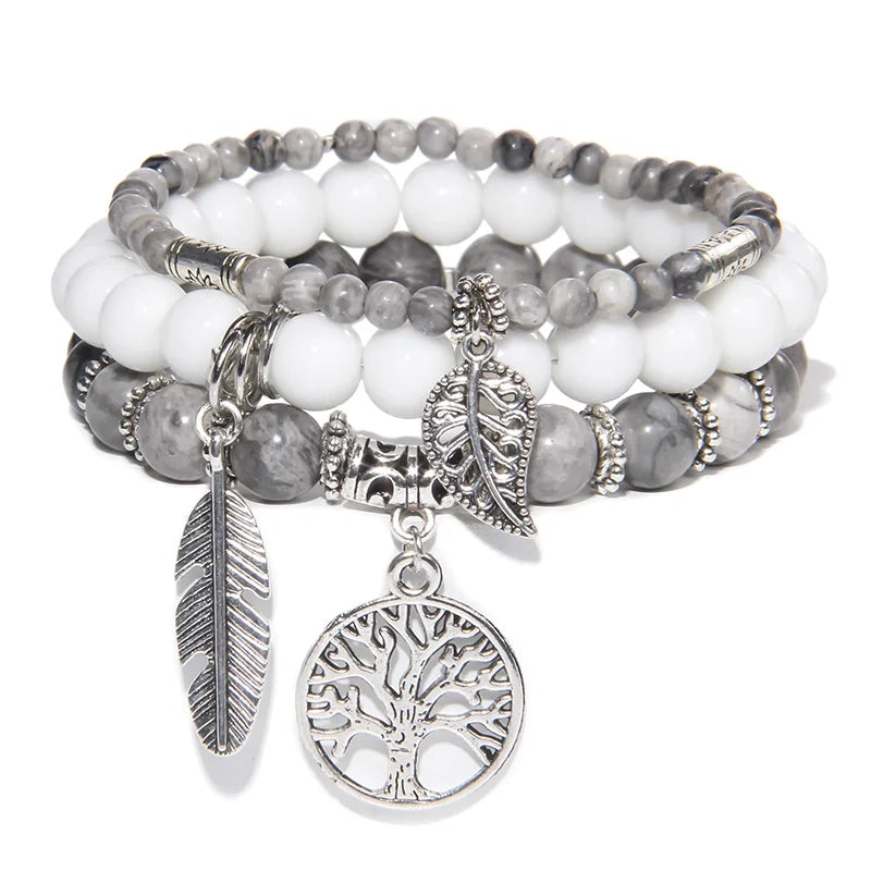 3Pcs Fashion Natural Stone Beads Bracelet 8mm Beads Tree of Life Pendant Bracelet Men Women Beaded Charm Bracelets Jewelry