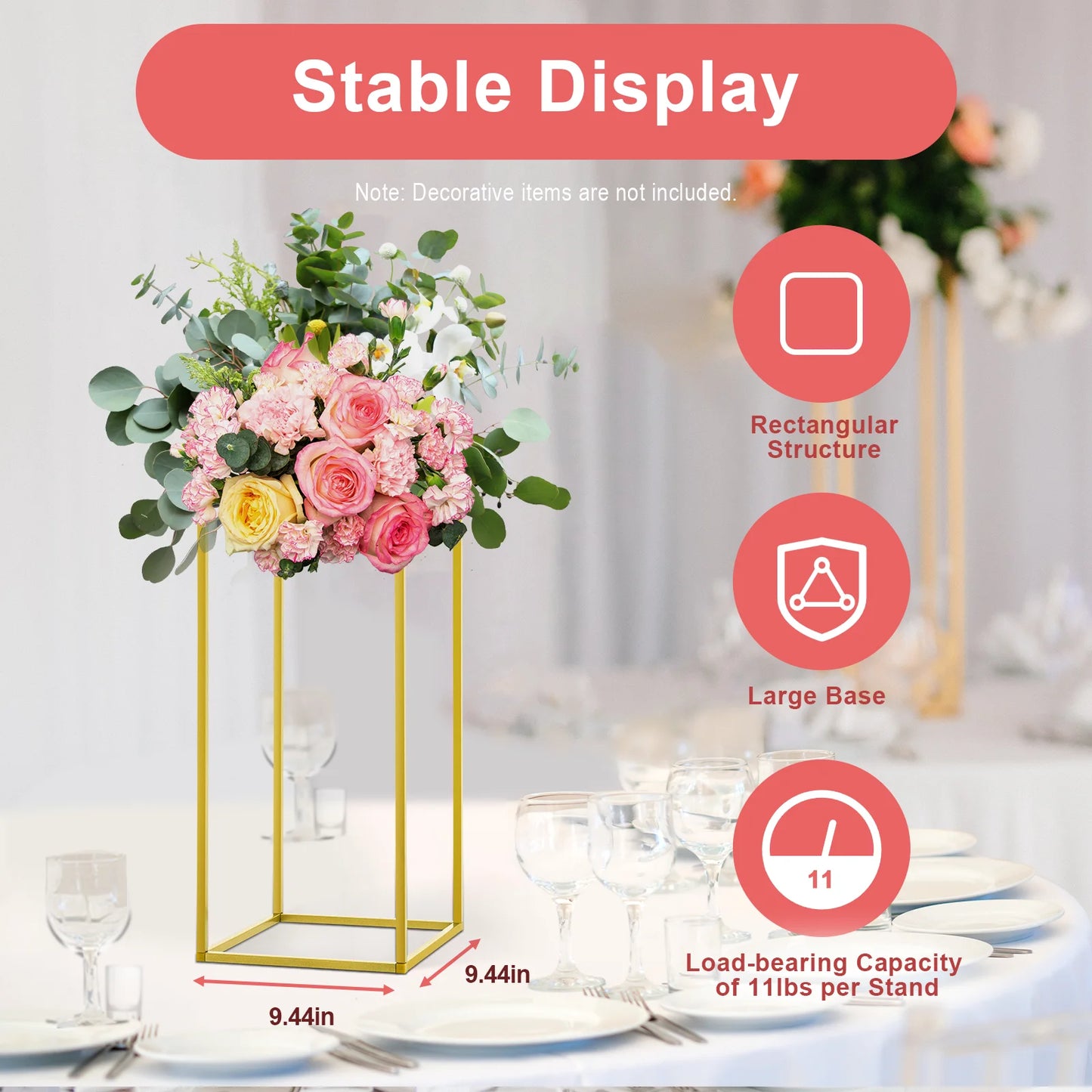 10Pcs Wedding Flower Stand Set 60cm H Gold Metal Column Rack Wedding Party Prop Decor Balloon Display Holder Flower Vase Pillar