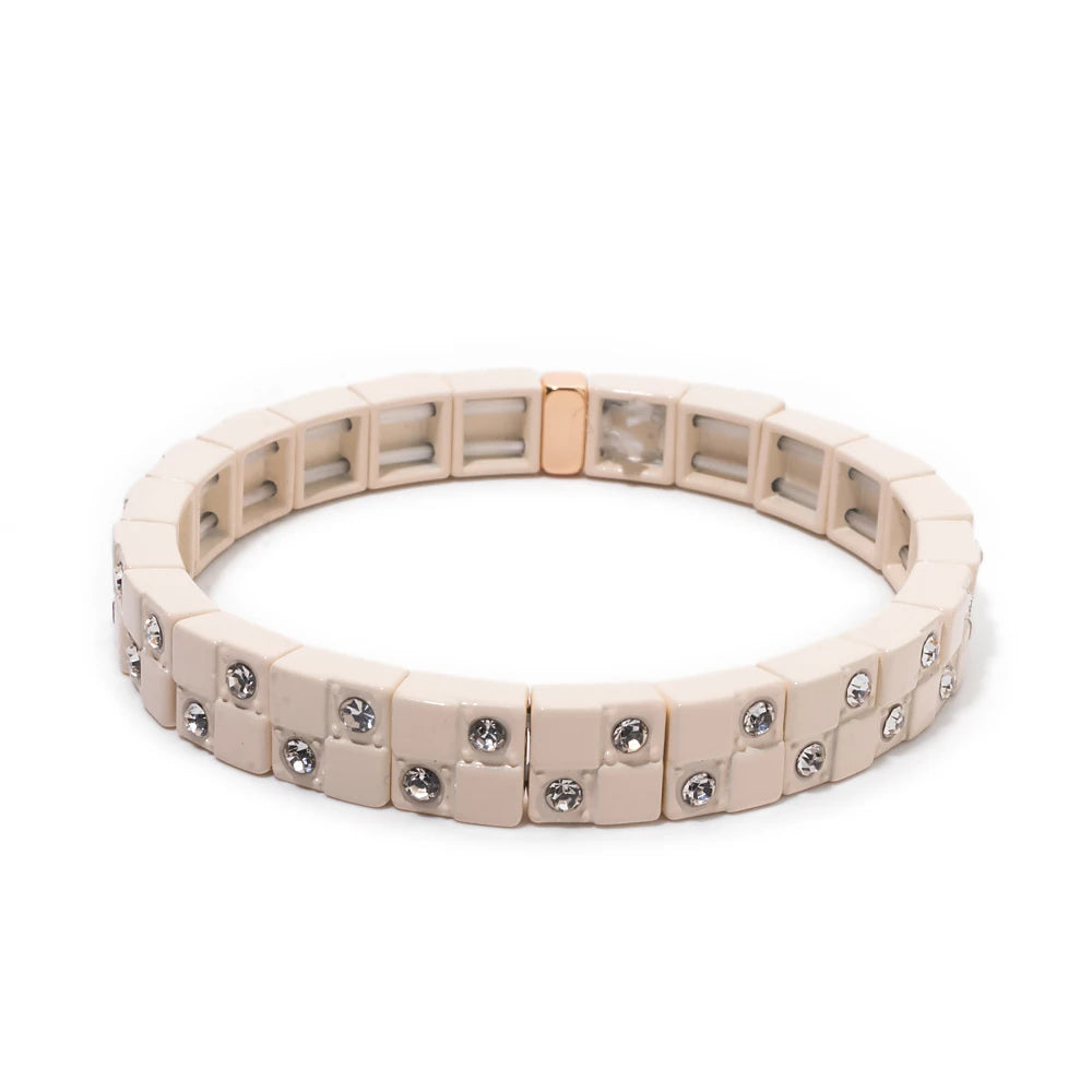 8x8mm Double Zirconia Charms Elastic Beaded Pure Color Bangle For Women