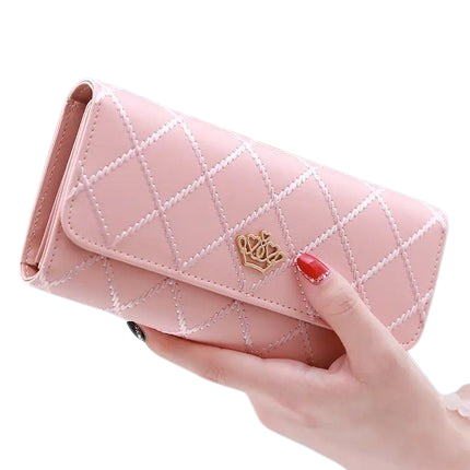 Hemasa Black Long Wallets for Women/ PU Leather Diamond Pattern Purse Card Holder Crown Buckle