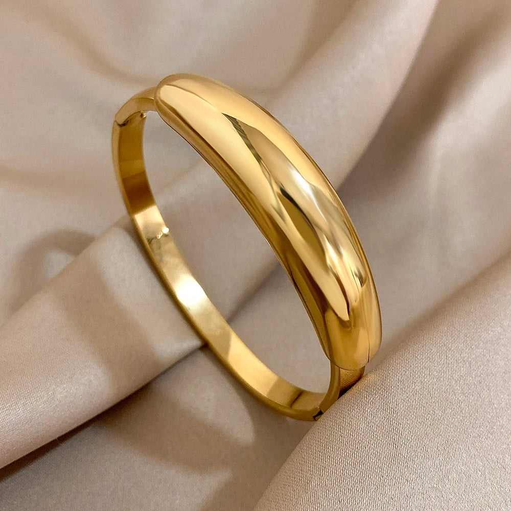 Greatera Fashion Smooth Curved Stainless Steel Cuff Bracelet Bangles for Women Gold Plated Chunky Waterproof Pulseras Jewelry