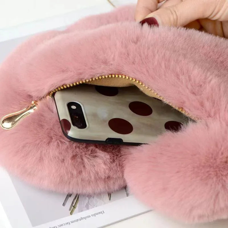 Hemasa Heart Shaped Handbags/ Cute Faux Fur Crossbody Bags/  Lady Soft Plush Chain Shoulder Bag