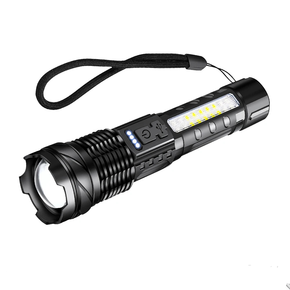 Super Bright LED COB Flashlight USB Rechargeable Torch with 7 Lighting Modes Telescopic Zoom Lantern for Outdoor Camping Hiking
