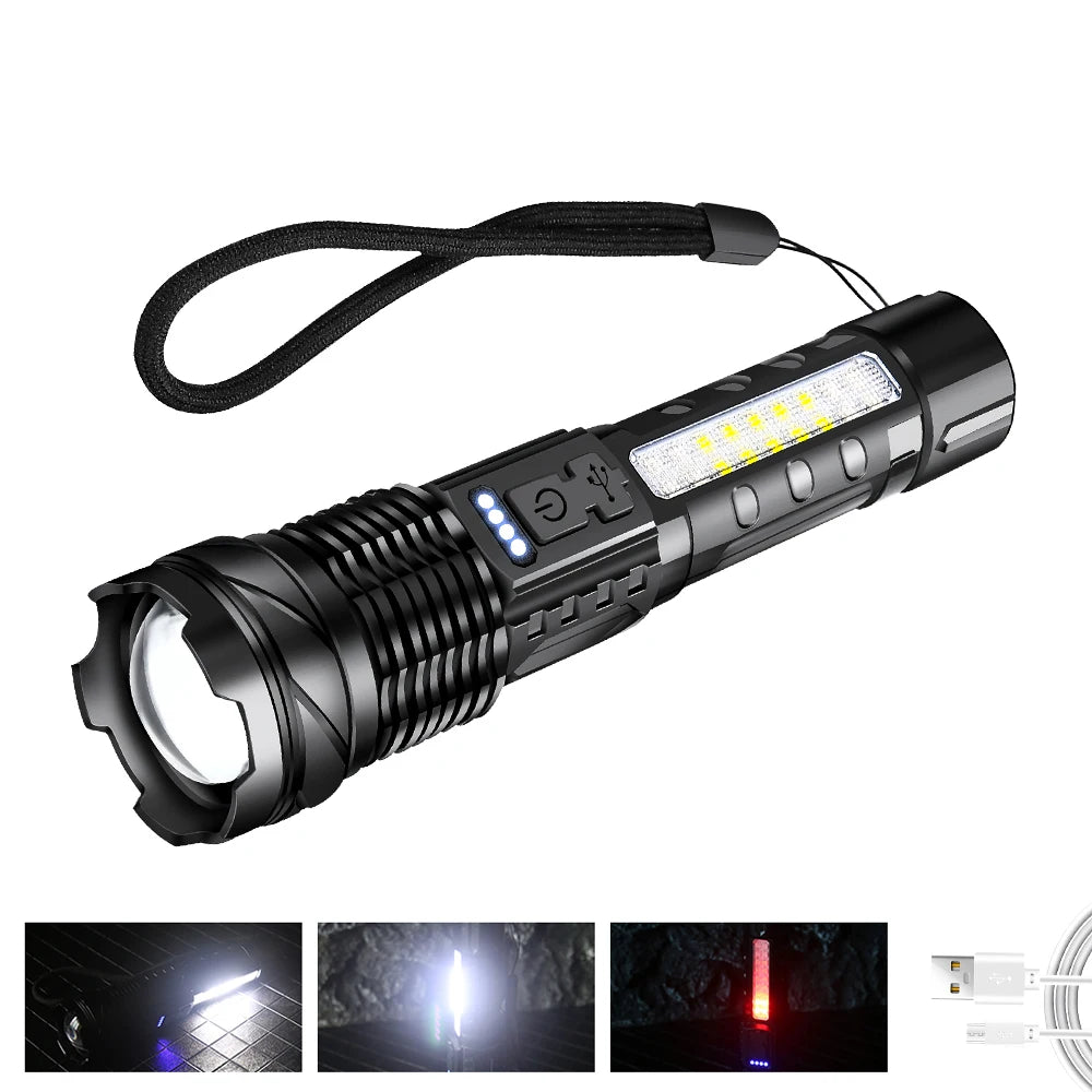 Super Bright LED COB Flashlight USB Rechargeable Torch with 7 Lighting Modes Telescopic Zoom Lantern for Outdoor Camping Hiking