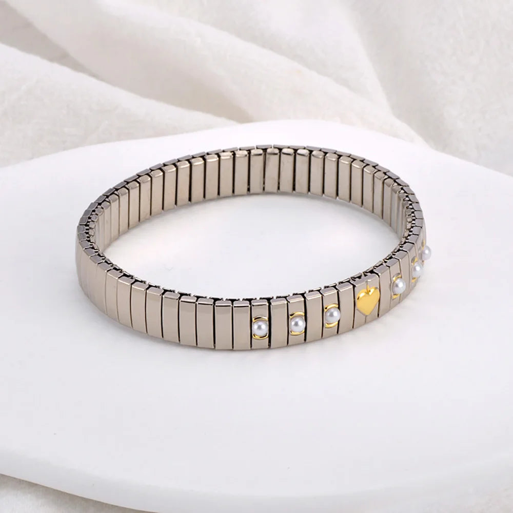 Tejesa Gold Plated Stainless Steel Elasticity Chain Bracelet with Simulated Pearl Heart Design (Color 4)