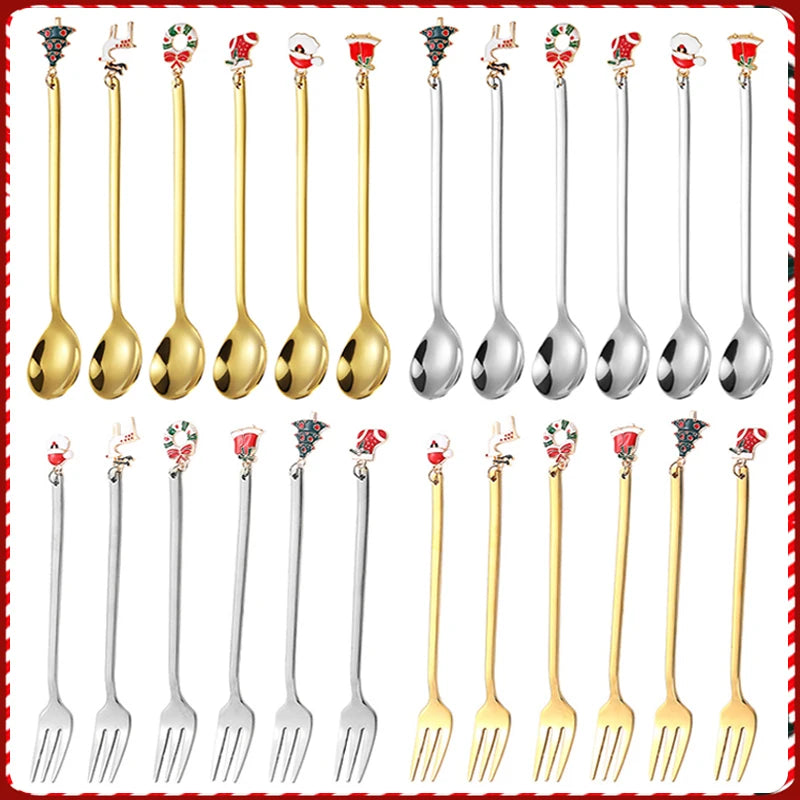 6PCS Christmas Spoons Coffee Cutlery Set Stainless Steel Cutlery Set Dessert Spoon Forks Christmas Gifts Elk Christmas Decoratio