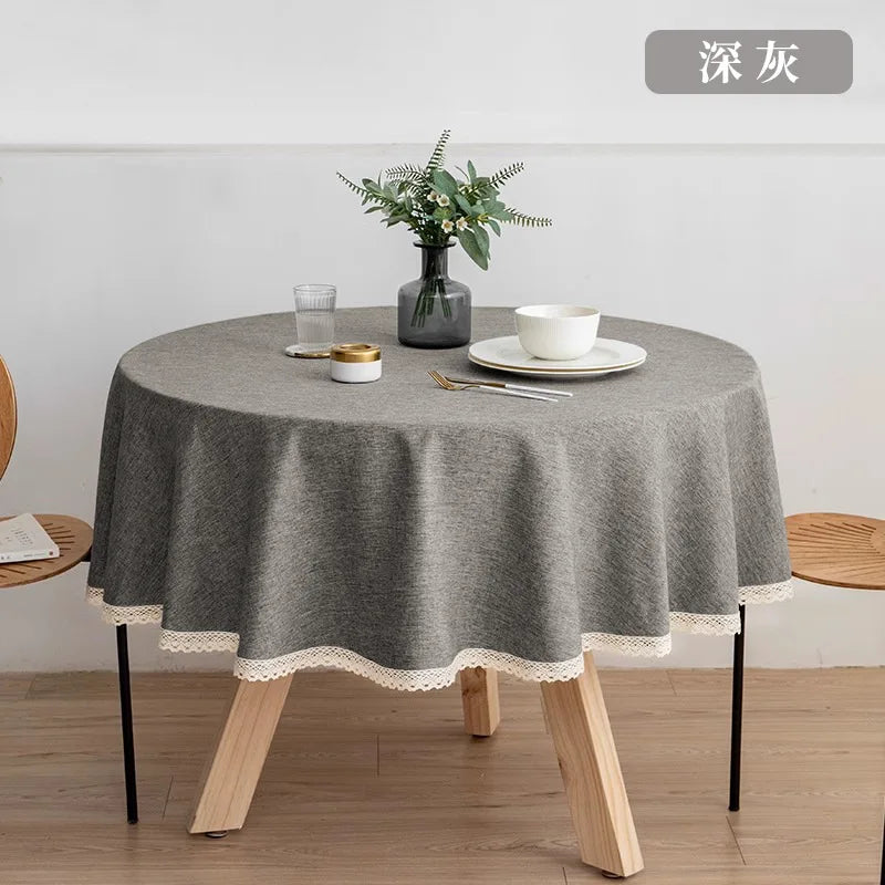 New Large Round Tablecloth Solid Color Cotton Linen Waterproof Table Cloth Oil-Proof Table Cover for Kitchen Garden Restaurant